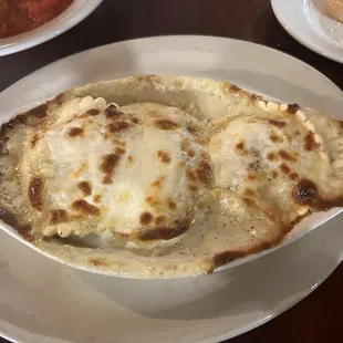 baked ravioli with alfredo sauce instead of tomato only complaint was the ravioli got hard in the oven