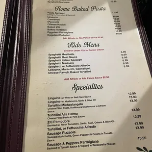 the menu of a restaurant