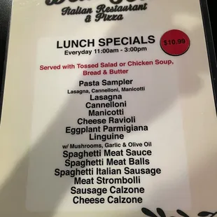 the menu for lunch specials