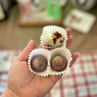 Two chocolate raspberry and one creme brûlée!