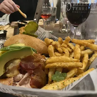Turkey melt with truffle fries &amp; a glass of Lemberger wine
