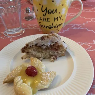 Our second course for breakfast: cinnamon coffee cake and a lemon-filled pastry.