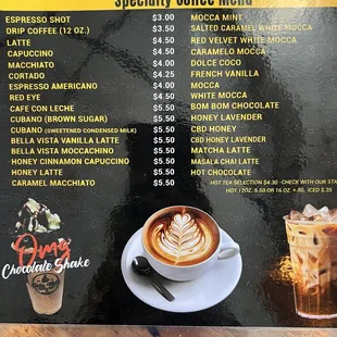 Specialty coffee menu