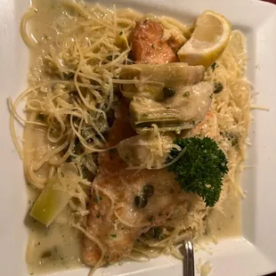 Chicken Picatta with spaghetti
