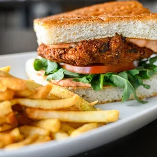 a fried chicken sandwich and french fries