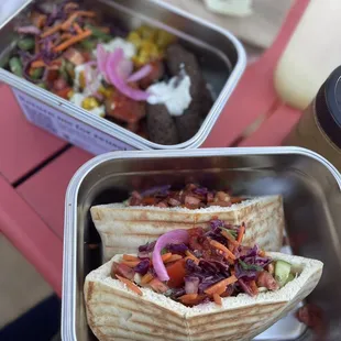 Falafel wrap - very yummy! Mint lemonade is a sweet and fun drink!