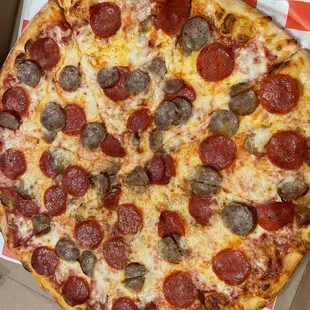 a pepperoni and sausage pizza