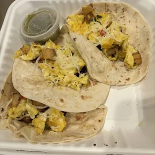 BREAKFAST TACOS with potatoes and tomatillo salsa