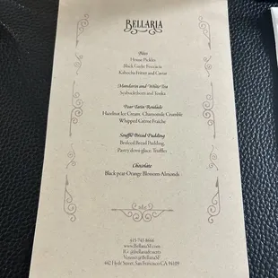 Menu for tasting course
