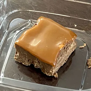 Surprise take-home treat; fudge with caramel topping
