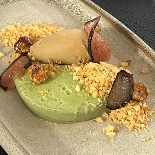 Fig leaf panna cotta with hazelnut ice cream