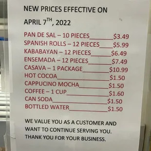 New Prices as of April 2022