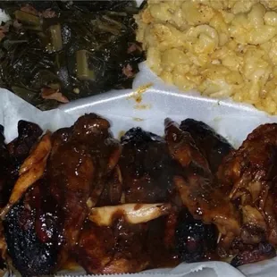 Bbq curry wings, baked mac and cheese and greens