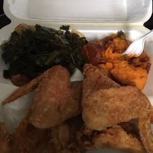 fried chicken, greens, and sweet potato