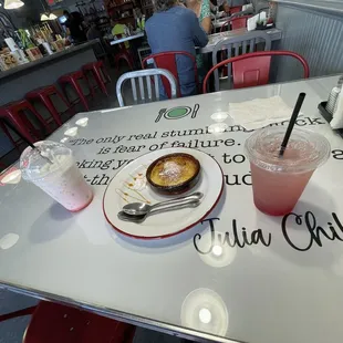 Strawberry italian soda, creme brulee, prickly pear lemonade