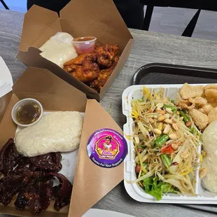 Lower left - beef jerky (mild), right lower - Papaya salad, top left - chicken wings with chili sauce