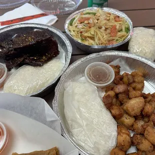 Fried pork belly, jerky, papaya, egg roll