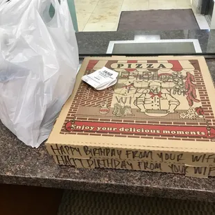 They delivered to my husbands work for his birthday And even wrote a message on the side of the box! Everyone LOVED the pizza and soda!!