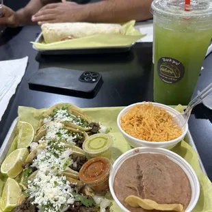Burrito, taco plate, cucumber Fresca