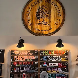 a wall of beer and menus