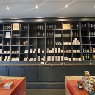 shelves of wine and cheese