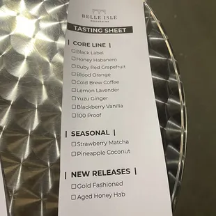 the menu for the tasting
