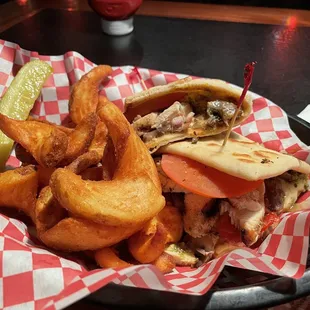 Veggie Flatbread Sandwich- added chicken; hold the arugula.