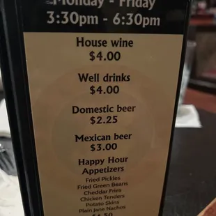 Happy hour menu
