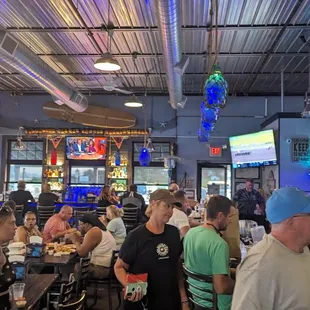 a large group of people sitting at the bar