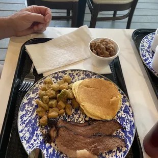 Brisket, fried okra, corn cake, bread pudding