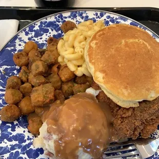 Fried chicken with side of fried okra, mac n cheese, and mashed potatoes.  So good I could hardly finish the plate!