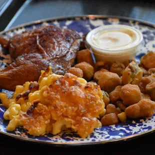 Smoked Chicken, Mac and Cheese, Fried Okra, White BBQ Sauce