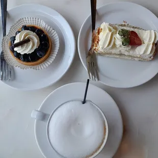 Blueberry Tartlet, Strawberry Cake, and my go to Cappuccino.