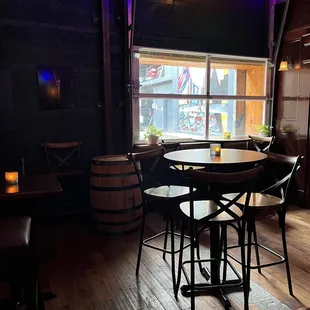 a table and stools in front of a window