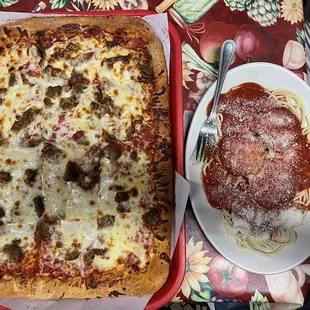 Half Sheet Meatball Pizza and Eggplant Parmesan