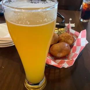 Great fresh rolls and tall Too Hip To Sip from Birdfish Brewery.