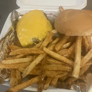french fries and a cheeseburger
