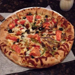 White veggie pizza, with half anchovies for me.