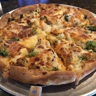 Broccoli &amp; Cauliflower Pizza. The best I have ever had. Ate at the restaurant. It was hot and the crust thick but light. Perfect!