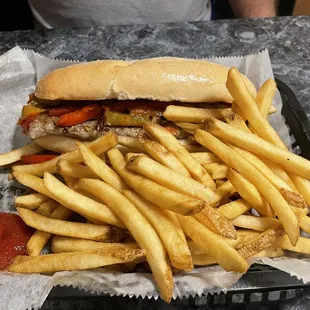 Sausage sandwich and fries