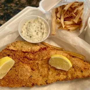 Take-out Fried Fish Dinner with French fries, cole slaw and bread
