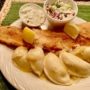 Fried fish dinner with Pieroghies and cole slaw