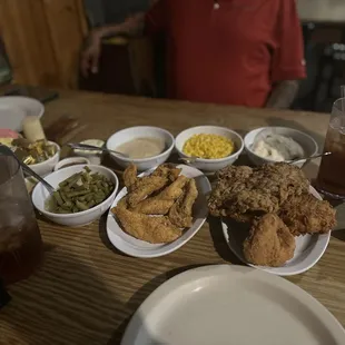 Cat fish, chicken fried steak, fried chicken