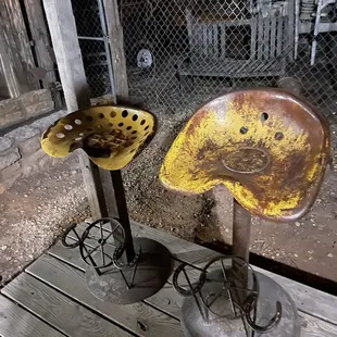 a rusty chair and stool