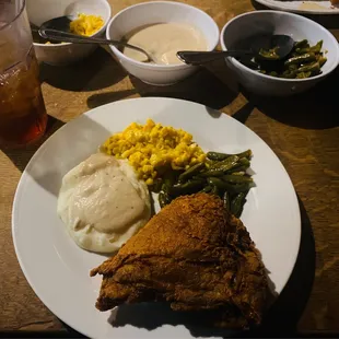 Bone in chicken breast and sides...so juicy, so good