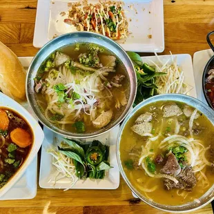Beef stew, pho, sate noodles, grilled banh mi, eggs &amp; filet skillet