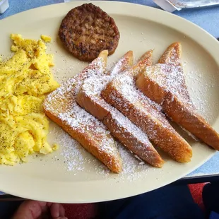 French toast with scrambled eggs and regular sausage patty
