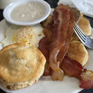 Cold eggs, limp bacon, blandness gravy ever and &quot;home fries&quot; which are just limp kettle chips