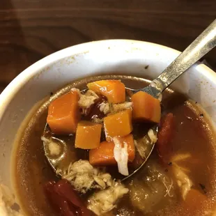 Crab soup but more like carrot soup. That's all that was in there for vegetables. It wasn't the best crab soup I've had for sure!!
