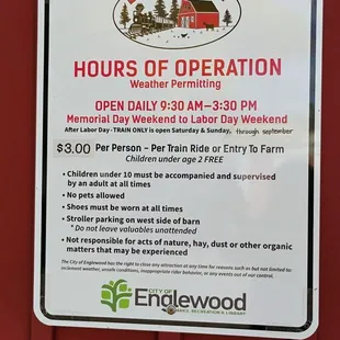 Farm &amp; Train Hours of Operation  10-20-2024